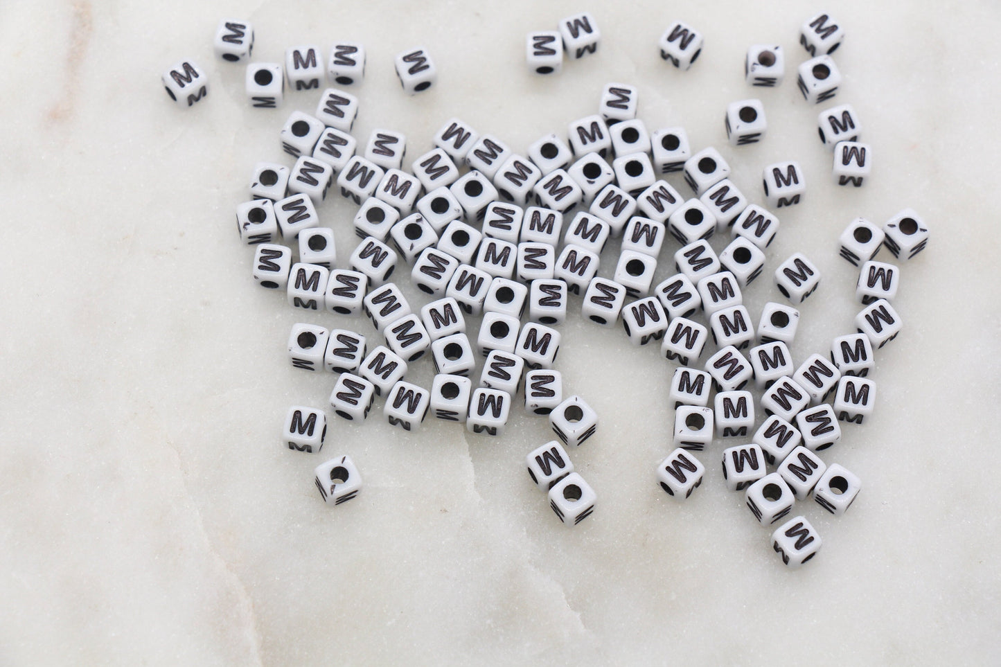 Letter M Cube Beads, White and Black Cube Alphabet Letter Beads, Black Acrylic Letter Beads, Acrylic Square Name Beads, Size 5mm