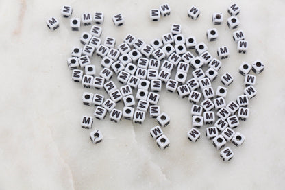 Letter M Cube Beads, White and Black Cube Alphabet Letter Beads, Black Acrylic Letter Beads, Acrylic Square Name Beads, Size 5mm