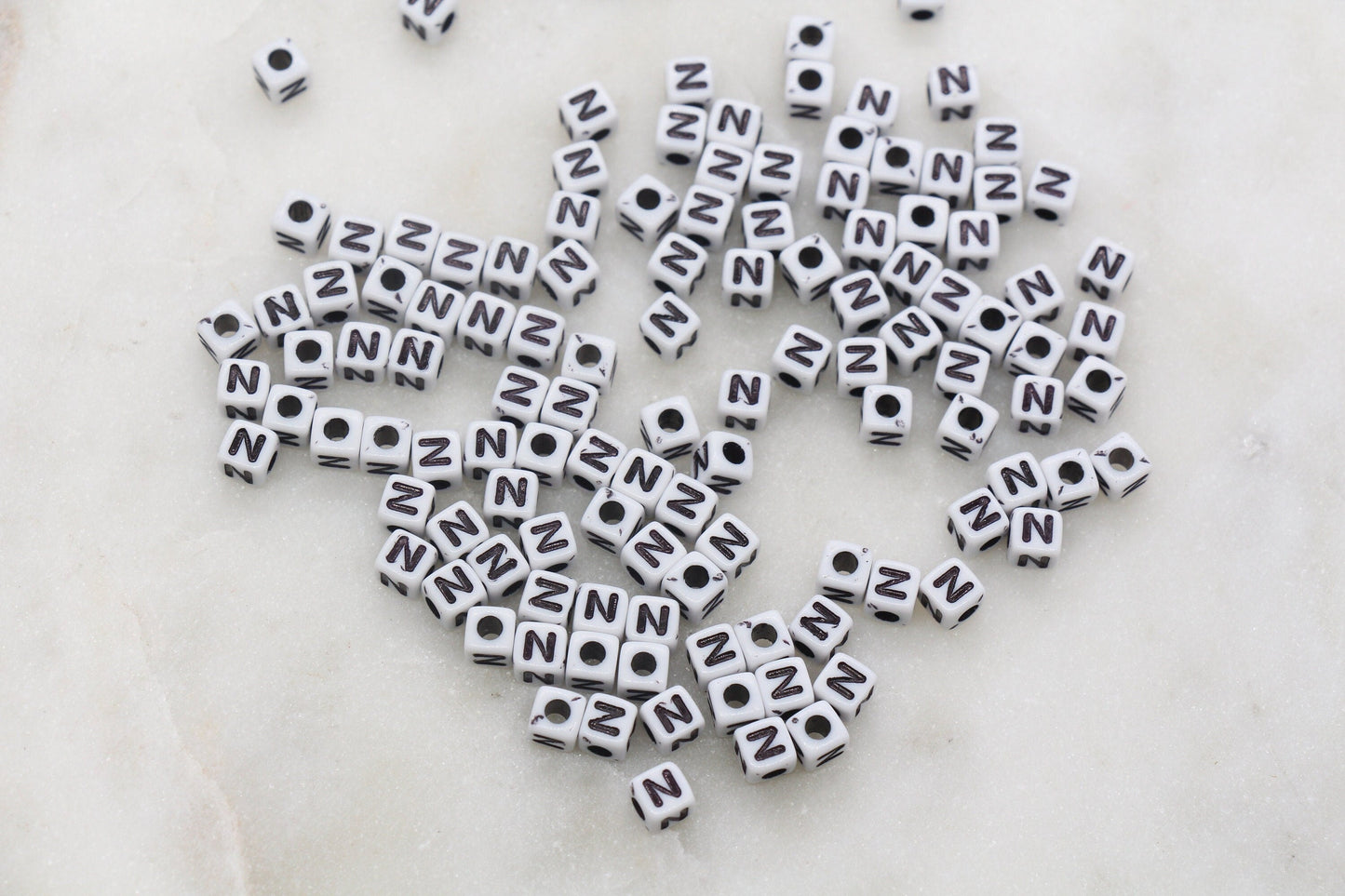 Letter N Cube Beads, White and Black Cube Alphabet Letter Beads, Black Acrylic Letter Beads, Acrylic Square Name Beads, Size 5mm