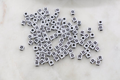 Letter R Cube Beads, White and Black Cube Alphabet Letter Beads, Black Acrylic Letter Beads, Acrylic Square Name Beads, Size 4.8mm