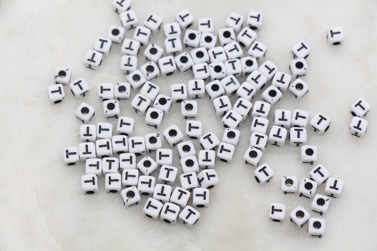 Letter T Cube Beads, White and Black Cube Alphabet Letter Beads, Black Acrylic Letter Beads, Acrylic Square Name Beads, Size 5mm