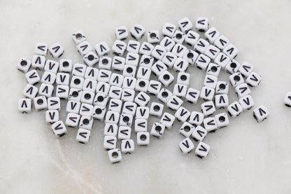 Letter V Cube Beads, White and Black Cube Alphabet Letter Beads, Black Acrylic Letter Beads, Acrylic Square Name Beads, Size 5mm