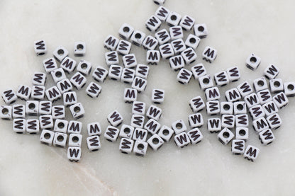 Letter W Cube Beads, White and Black Cube Alphabet Letter Beads, Black Acrylic Letter Beads, Acrylic Square Name Beads, Size 5mm