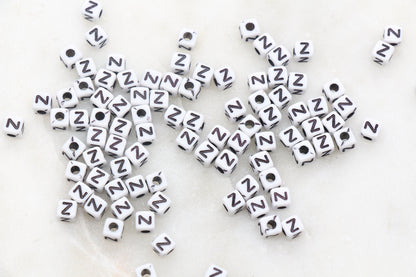 Letter Z Cube Beads, White and Black Cube Alphabet Letter Beads, Black Acrylic Letter Beads, Acrylic Square Name Beads, Size 5mm