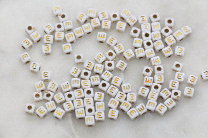 Letter E Cube Beads, Individual Letter Beads, White and Gold Cube Alphabet Letter Beads, Gold Letter Beads, Square Name Beads, Size 4.8mm