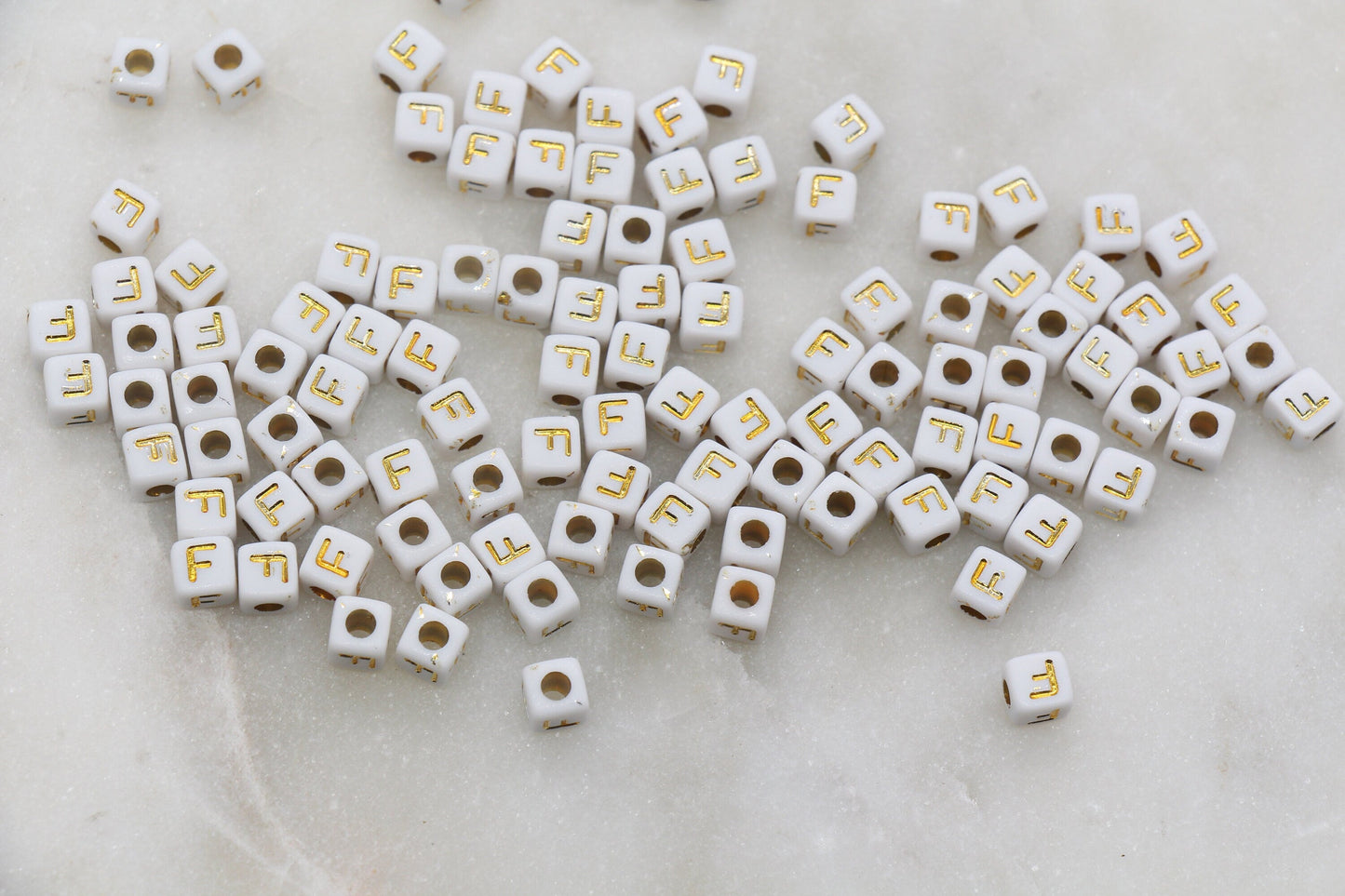 Letter F Cube Beads, Individual Letter Beads, White and Gold Cube Alphabet Letter Beads, Gold Letter Beads, Square Name Beads, Size 4.8mm