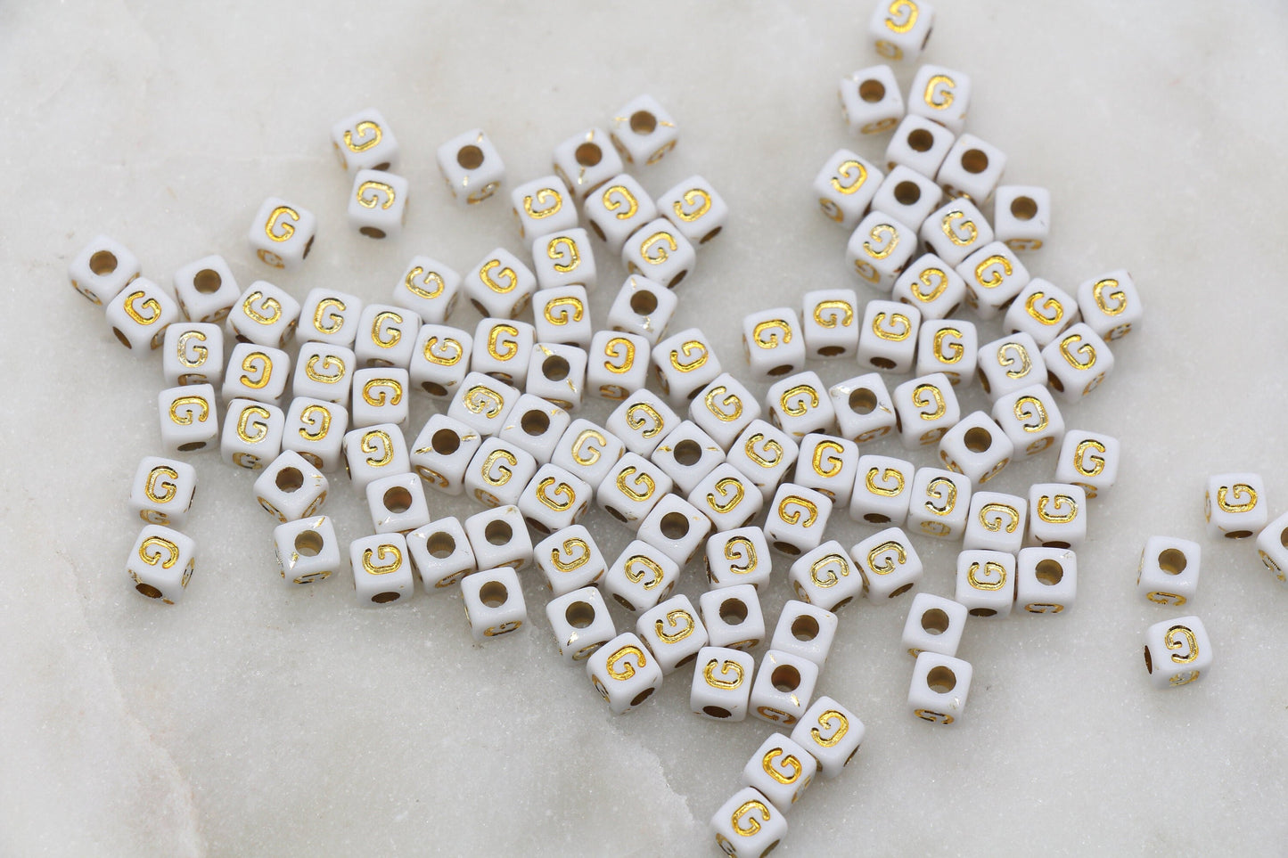 Letter G Cube Beads, Individual Letter Beads, White and Gold Cube Alphabet Letter Beads, Gold Letter Beads, Square Name Beads, Size 4.8mm