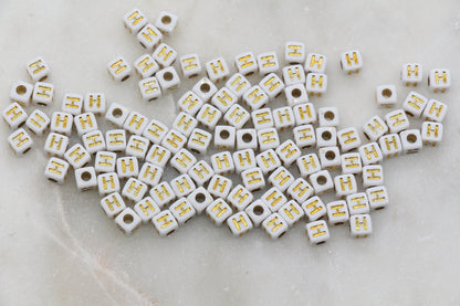 Letter H Cube Beads, Individual Letter Beads, White and Gold Cube Alphabet Letter Beads, Gold Letter Beads, Square Name Beads, Size 4.8mm