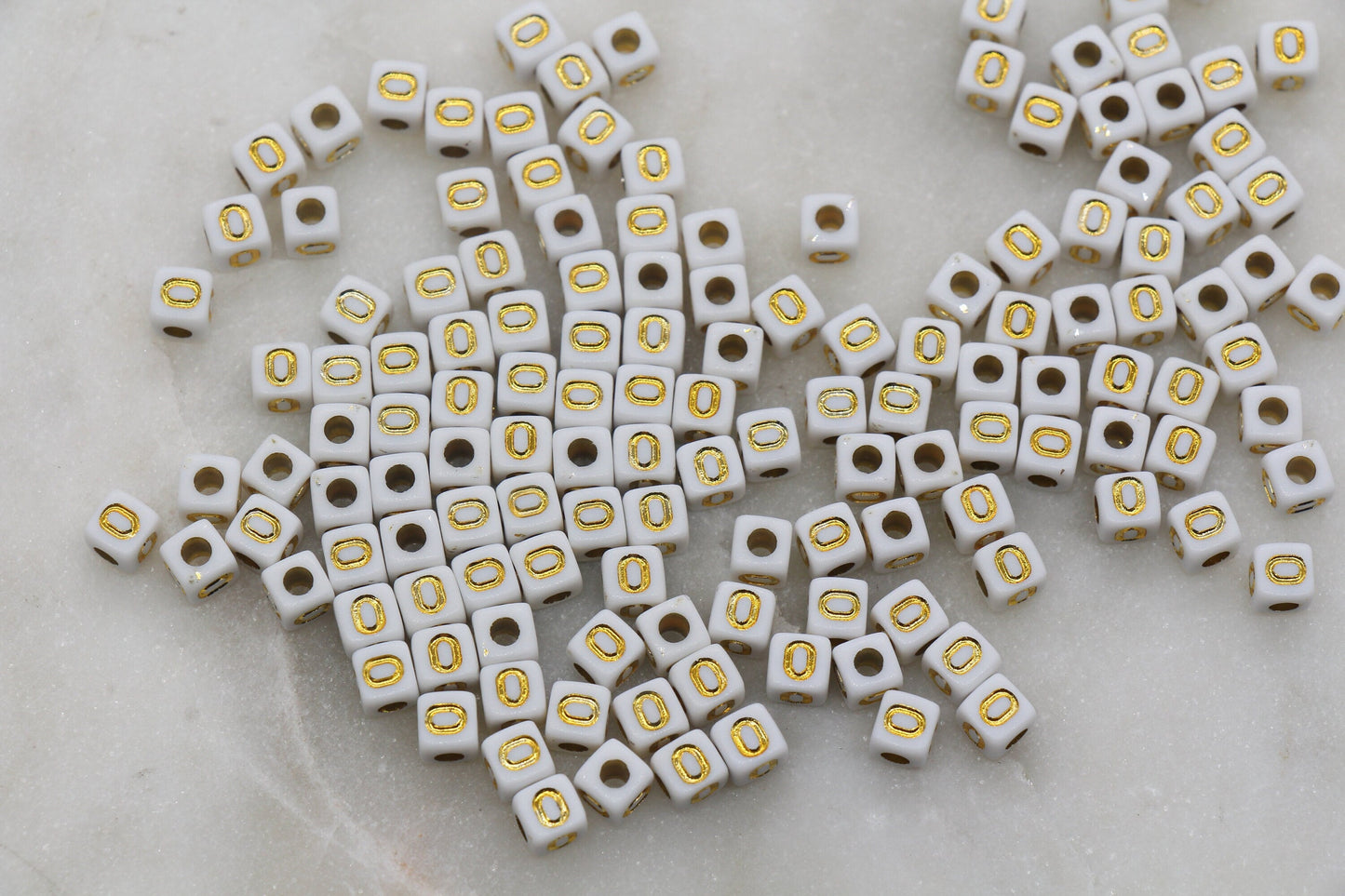 Letter O Cube Beads, Individual Letter Beads, White and Gold Cube Alphabet Letter Beads, Gold Letter Beads, Square Name Beads, Size 4.8mm