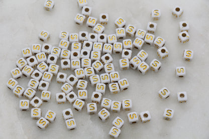 Letter S Cube Beads, Individual Letter Beads, White and Gold Cube Alphabet Letter Beads, Gold Letter Beads, Square Name Beads, Size 4.8mm