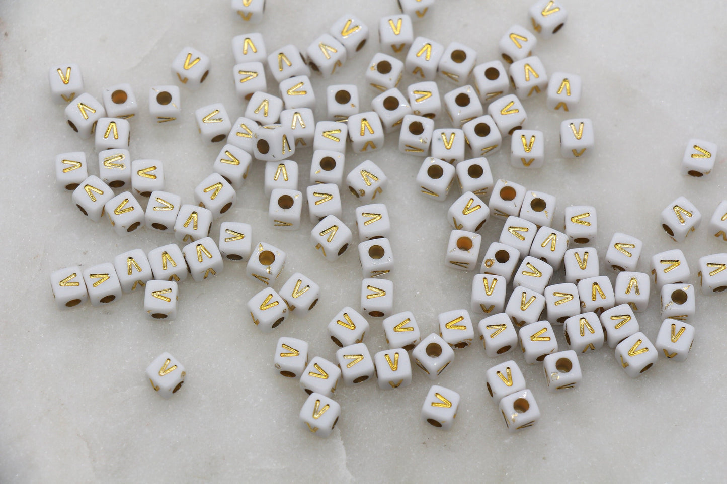 Letter V Cube Beads, Individual Letter Beads, White and Gold Cube Alphabet Letter Beads, Gold Letter Beads, Square Name Beads, Size 4.8mm