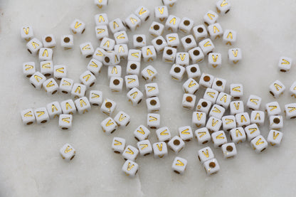 Letter V Cube Beads, Individual Letter Beads, White and Gold Cube Alphabet Letter Beads, Gold Letter Beads, Square Name Beads, Size 4.8mm