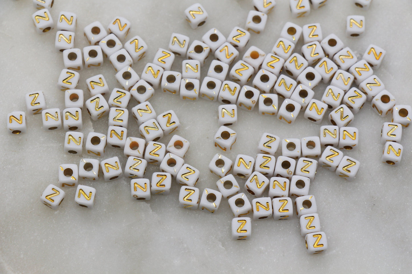 Letter Z Cube Beads, Individual Letter Beads, White and Gold Cube Alphabet Letter Beads, Gold Letter Beads, Square Name Beads, Size 4.8mm