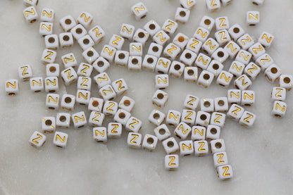 Letter Z Cube Beads, Individual Letter Beads, White and Gold Cube Alphabet Letter Beads, Gold Letter Beads, Square Name Beads, Size 4.8mm