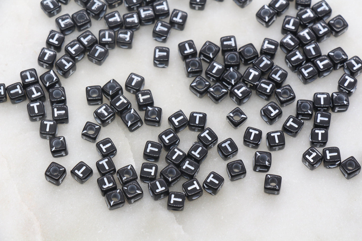 Letter T Cube Beads, Individual Letter Beads, Black and White Cube Alphabet Letter Beads, Gold Letter Beads, Square Name Beads, Size 4.8mm