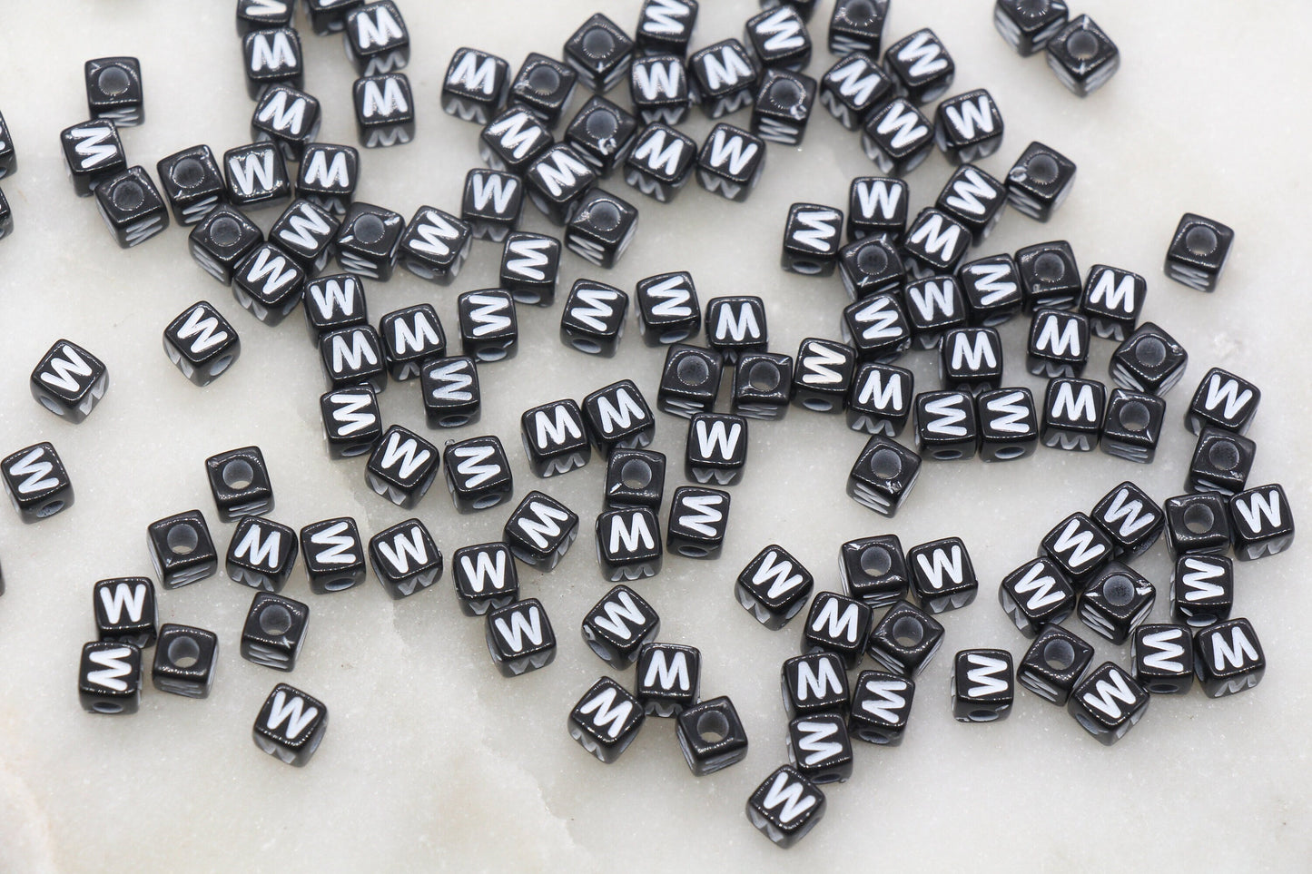 Letter W Cube Beads, Individual Letter Beads, Black and White Cube Alphabet Letter Beads, Gold Letter Beads, Square Name Beads, Size 4.8mm