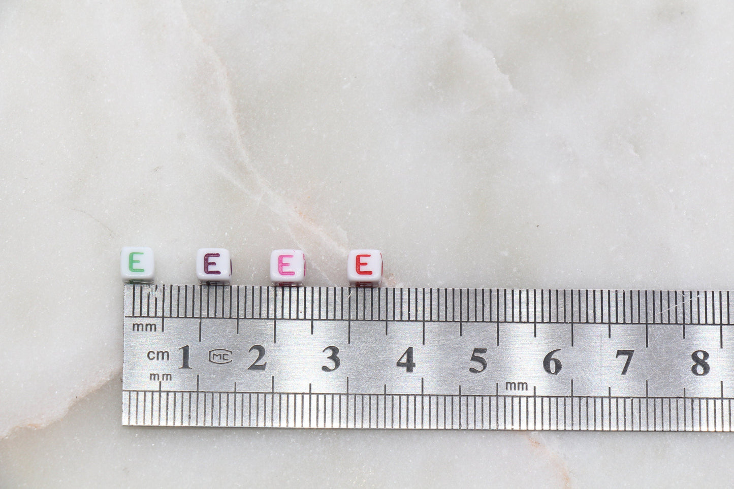 Letter E Cube Beads, Individual Letter Beads, Multicolored Cube Alphabet Beads, White with Rainbow Letter, Square Name Beads, Size 4.8mm