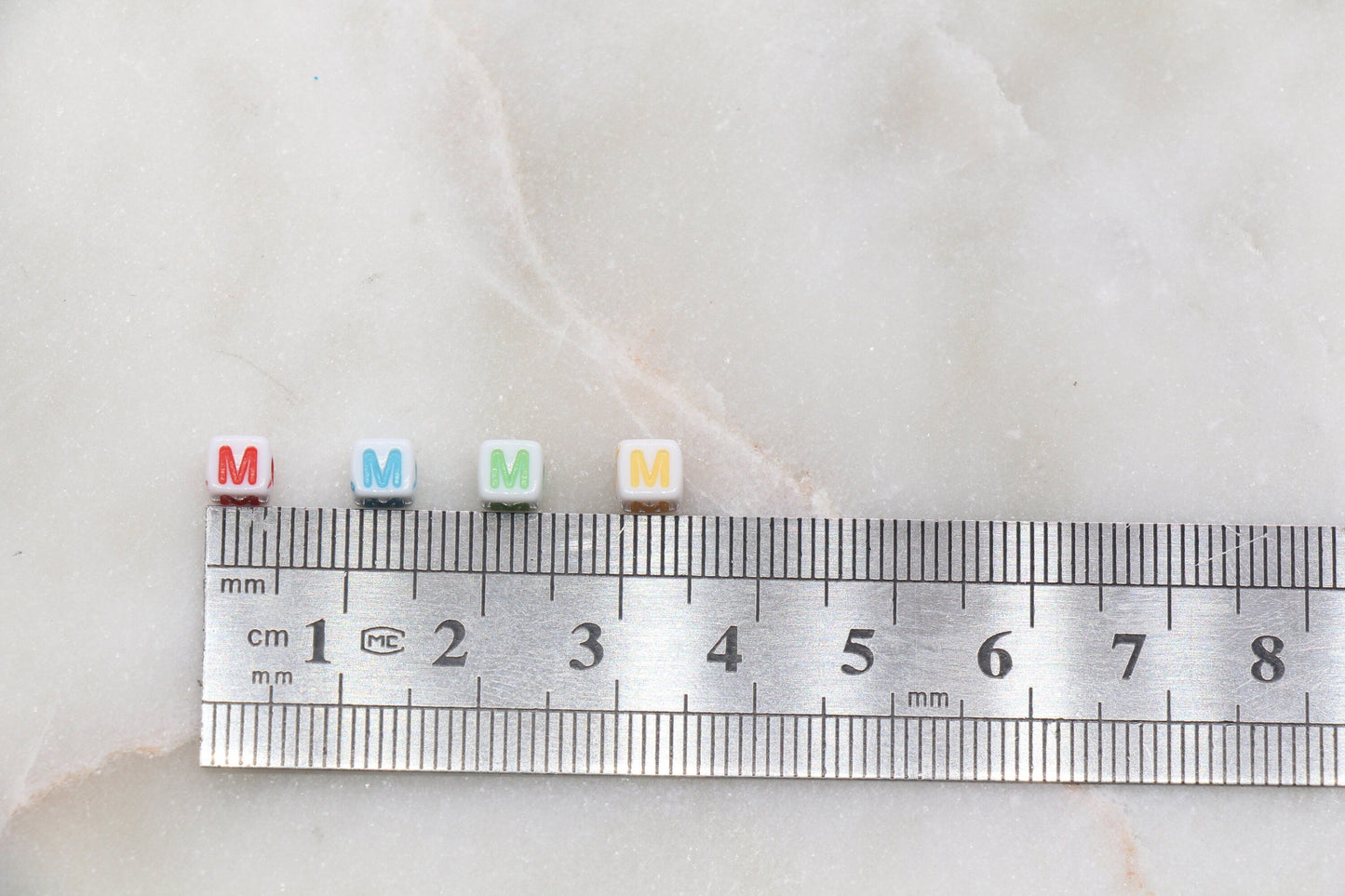 Letter M Cube Beads, Individual Letter Beads, Multicolored Cube Alphabet Beads, White with Rainbow Letter, Square Name Beads, Size 4.8mm