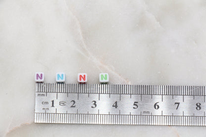 Letter N Cube Beads, Individual Letter Beads, Multicolored Cube Alphabet Beads, White with Rainbow Letter, Square Name Beads, Size 4.8mm