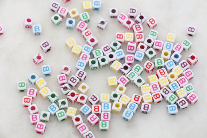 Letter B Cube Beads, Individual Letter Beads, Multicolored Cube Alphabet Beads, White with Rainbow Letter, Square Name Beads, Size 4.8mm