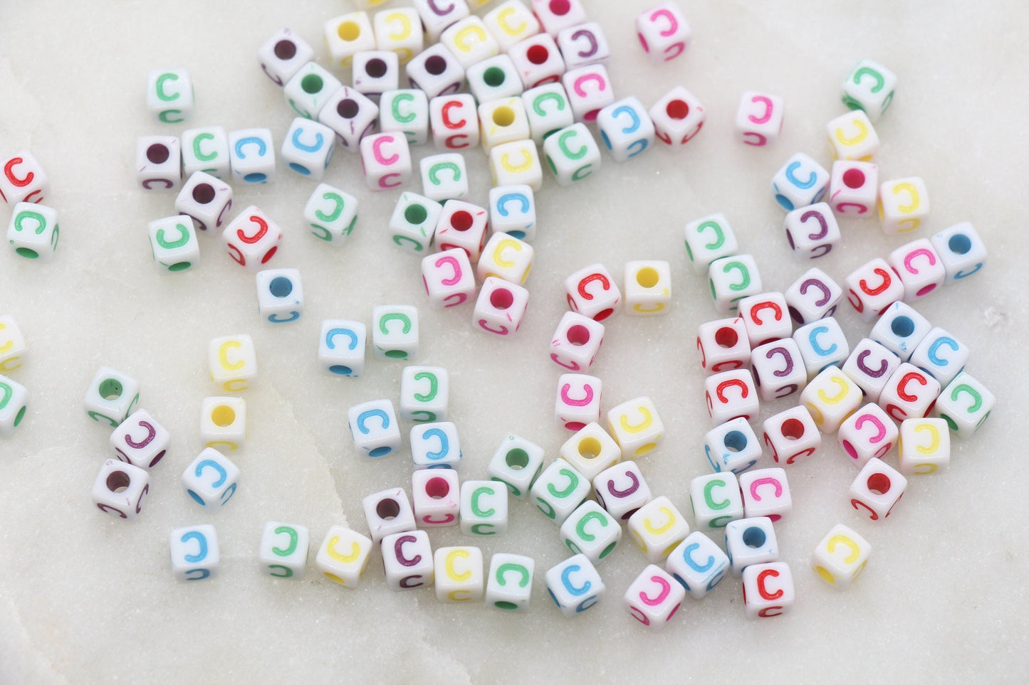 Letter C Cube Beads, Individual Letter Beads, Multicolored Cube Alphabet Beads, White with Rainbow Letter, Square Name Beads, Size 4.8mm