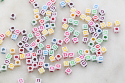 Letter D Cube Beads, Individual Letter Beads, Multicolored Cube Alphabet Beads, White with Rainbow Letter, Square Name Beads, Size 4.8mm