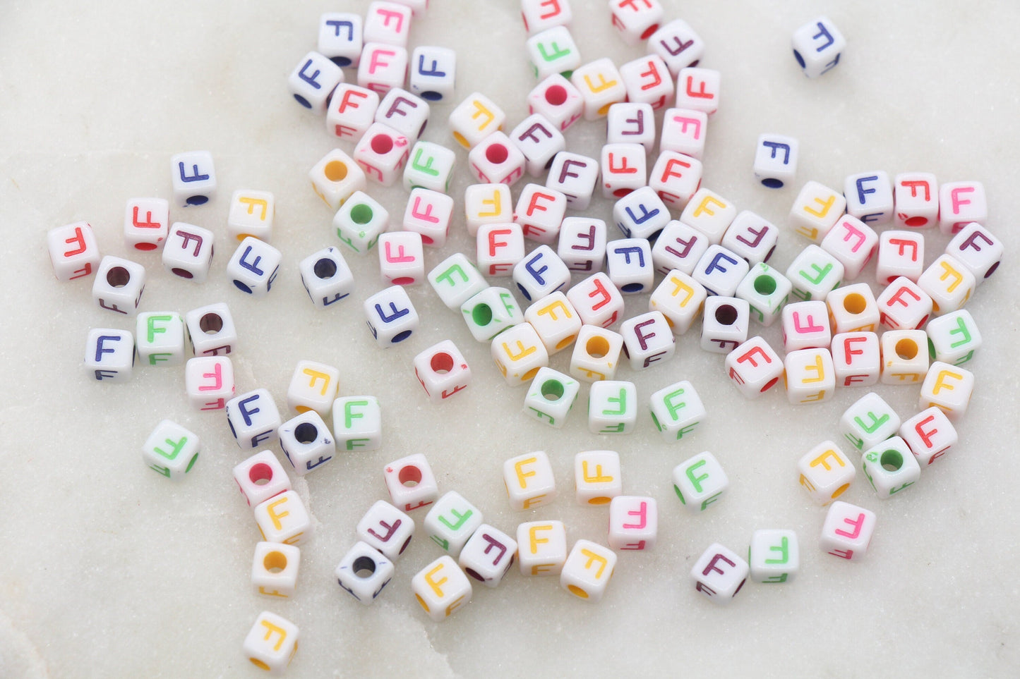 Letter F Cube Beads, Individual Letter Beads, Multicolored Cube Alphabet Beads, White with Rainbow Letter, Square Name Beads, Size 4.8mm