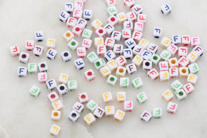 Letter F Cube Beads, Individual Letter Beads, Multicolored Cube Alphabet Beads, White with Rainbow Letter, Square Name Beads, Size 4.8mm