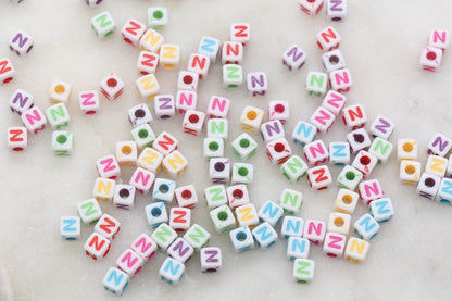 Letter N Cube Beads, Individual Letter Beads, Multicolored Cube Alphabet Beads, White with Rainbow Letter, Square Name Beads, Size 4.8mm