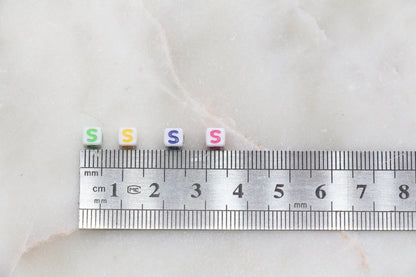 Letter S Cube Beads, Individual Letter Beads, Multicolored Cube Alphabet Beads, White with Rainbow Letter, Square Name Beads, Size 4.8mm