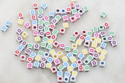 Letter O Cube Beads, Individual Letter Beads, Multicolored Cube Alphabet Beads, White with Rainbow Letter, Square Name Beads, Size 4.8mm