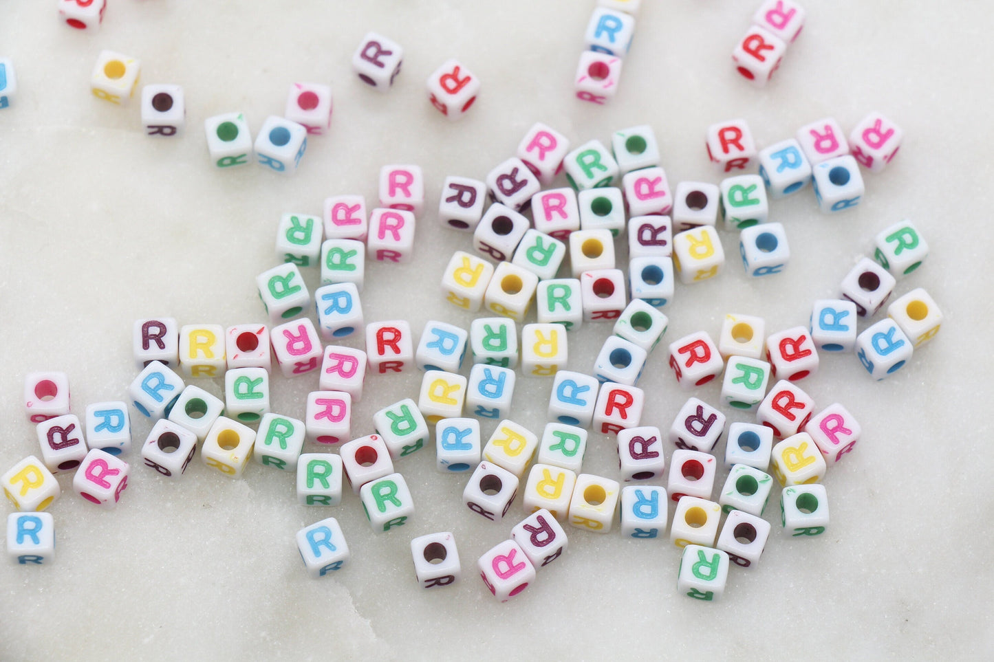 Letter R Cube Beads, Individual Letter Beads, Multicolored Cube Alphabet Beads, White with Rainbow Letter, Square Name Beads, Size 4.8mm