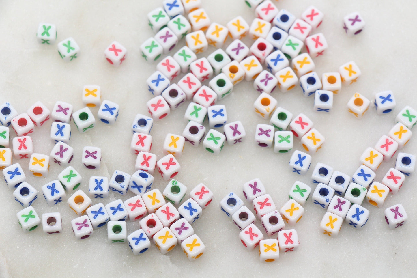 Letter X Cube Beads, Individual Letter Beads, Multicolored Cube Alphabet Beads, White with Rainbow Letter, Square Name Beads, Size 4.8mm