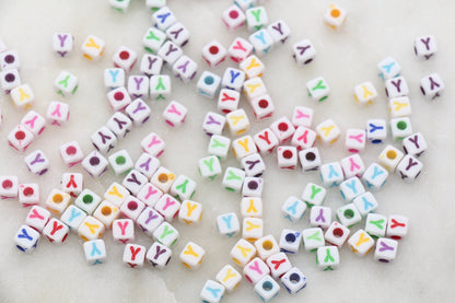 Letter Y Cube Beads, Individual Letter Beads, Multicolored Cube Alphabet Beads, White with Rainbow Letter, Square Name Beads, Size 4.8mm