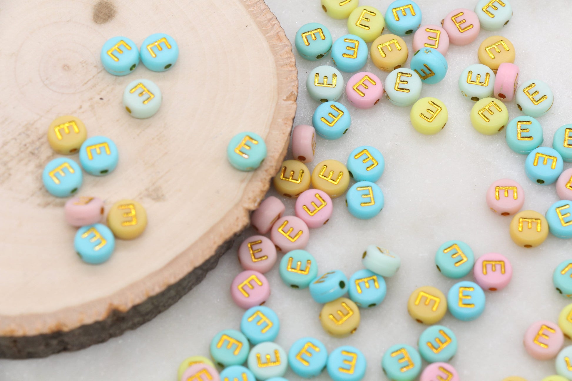 Letter E Round Beads, Individual Letter Beads, Multicolor Round Alphabet Letter Beads, Gold Letter Beads, Round Name Beads, Size 7mm