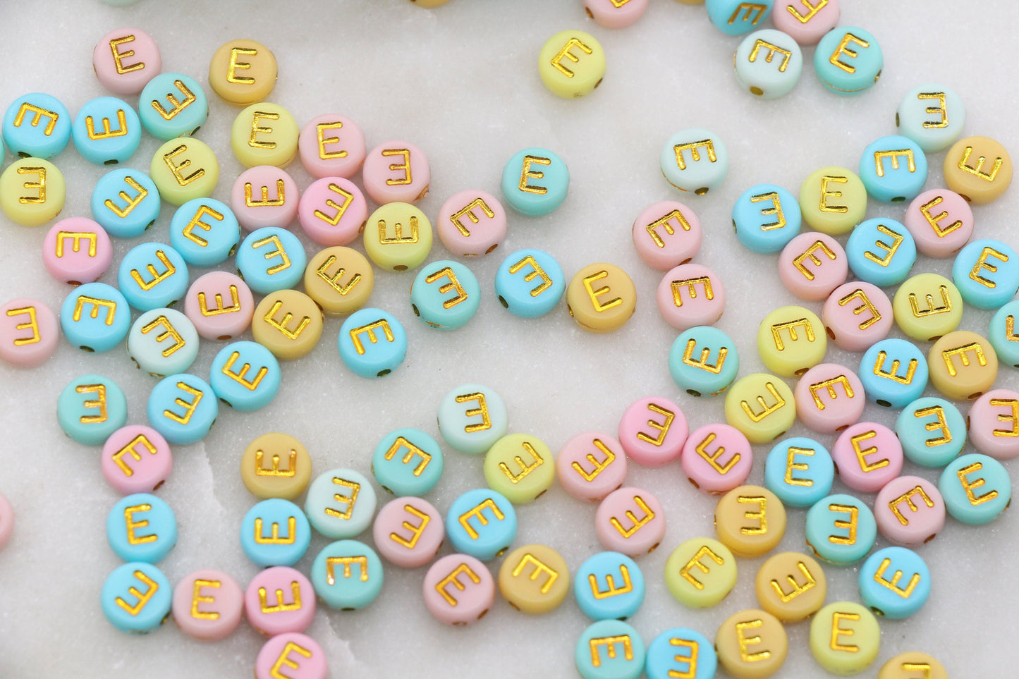 Letter E Round Beads, Individual Letter Beads, Multicolor Round Alphabet Letter Beads, Gold Letter Beads, Round Name Beads, Size 7mm