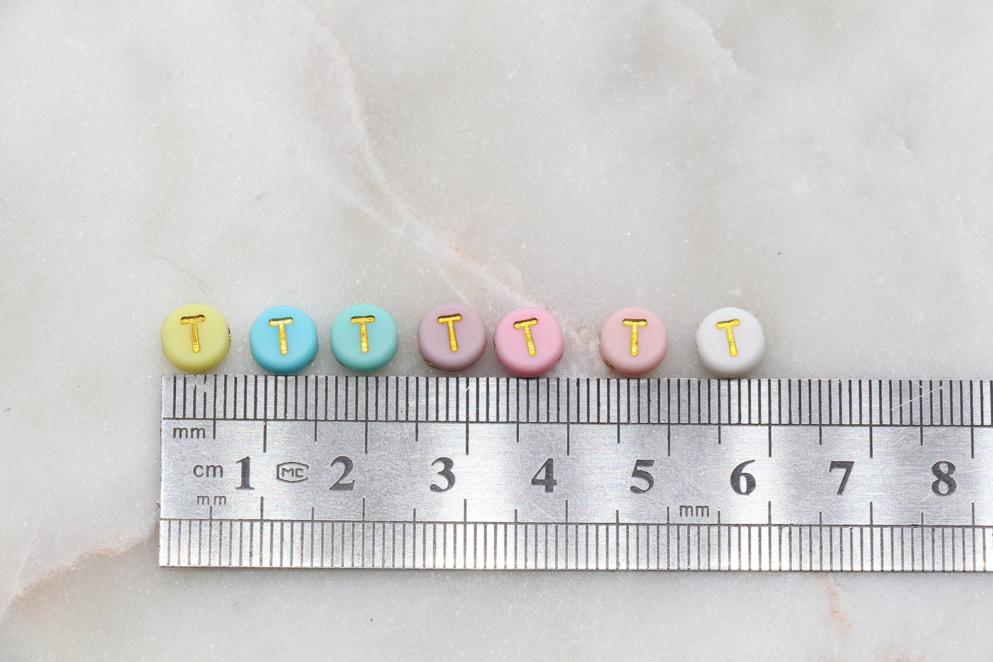 Letter T Round Beads, Individual Letter Beads, Multicolor Round Alphabet Letter Beads, Gold Letter Beads, Round Name Beads, Size 7mm