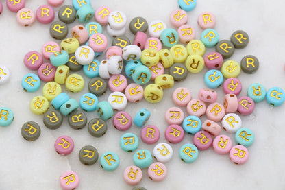 Letter R Round Beads, Individual Letter Beads, Multicolor Round Alphabet Letter Beads, Gold Letter Beads, Round Name Beads, Size 7mm