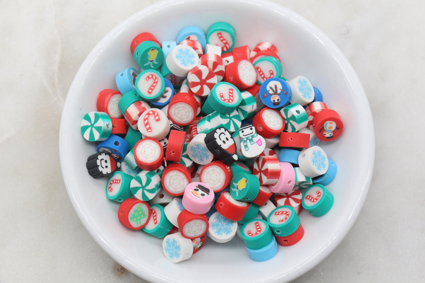 Assort Christmas Clay Beads, Holiday Themed Clay Beads, Santa Snowman Peppermint Snowflake Mix Polymer Clay Beads, Clay Jewelry Beads