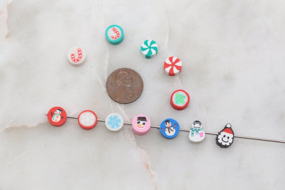 Assort Christmas Clay Beads, Holiday Themed Clay Beads, Santa Snowman Peppermint Snowflake Mix Polymer Clay Beads, Clay Jewelry Beads