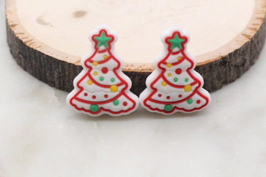 White Christmas Tree Silicone Beads, Decorated Tree Silicone Beads, Christmas Chunky Beads, Silicone Loose Beads, Christmas Focal Beads #376