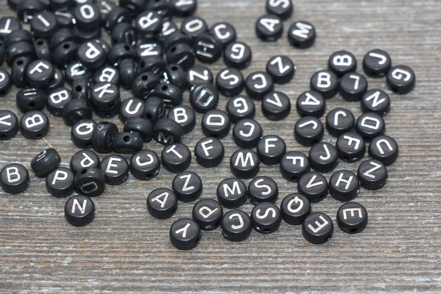 Alphabet Letter Beads, Acrylic Black Beads with Silver Letter Beads, Round Acrylic Beads, ABC Letter Beads, Name Initial Beads, Size 7mm #70