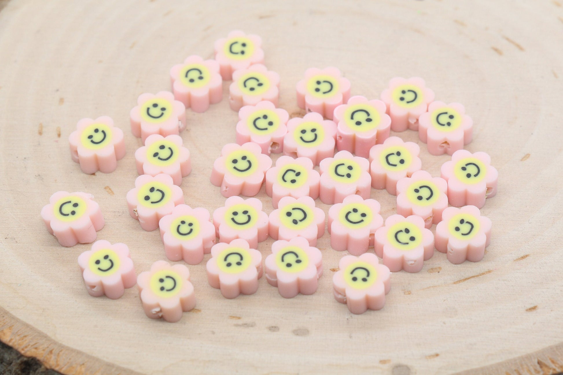 Pink Smiley Face Polymer Clay Beads, Flower Shape Smiley Face Fimo Cane Beads, Happy Face Beads, Smiling Face Beads, Bead for Bracelet #267