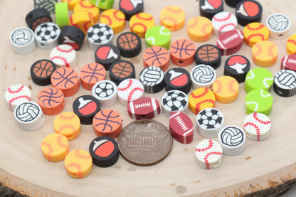 Mix Sport Ball Polymer Clay Beads, Volleyball, Football, Softball, Tennis, Basketball Clay Beads, Jewelry Beads, Bead for Bracelets #430