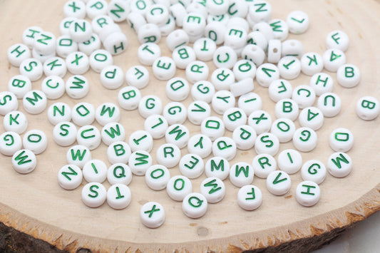 alphabet letter beads, green letter beads, white bead with green letter, name beads, bead for bracelet