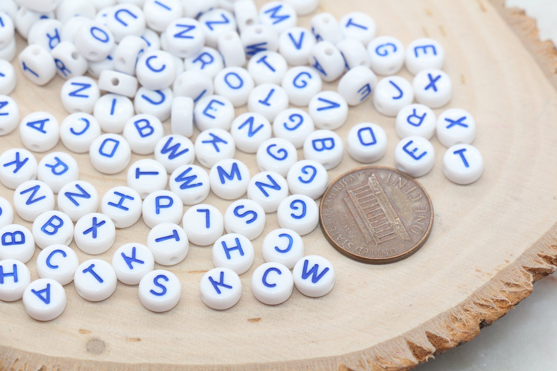 Blue Alphabet Letter Beads, White Round Bead with Blue Letter, Acrylic Round Name Initial Beads, Bead for Bracelets, Size 7mm #354