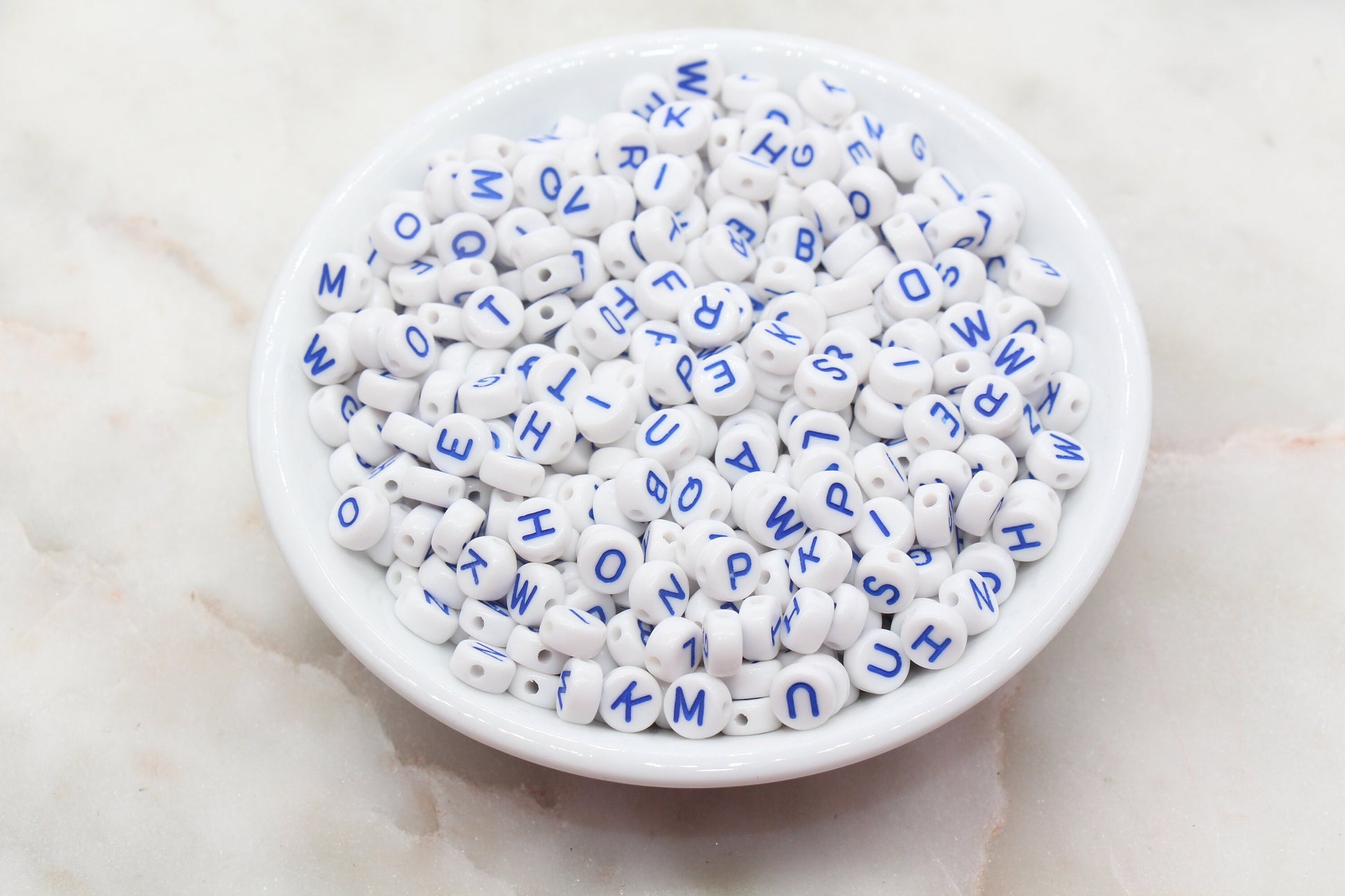 Blue Alphabet Letter Beads, White Round Bead with Blue Letter, Acrylic Round Name Initial Beads, Bead for Bracelets, Size 7mm #354