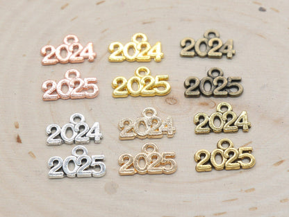 Year 2024 Charms, 2025 Charms, New Year Charms, Graduation Charms, Available in Silver, Rose Gold, Gold, Antique Gold, Bronze.