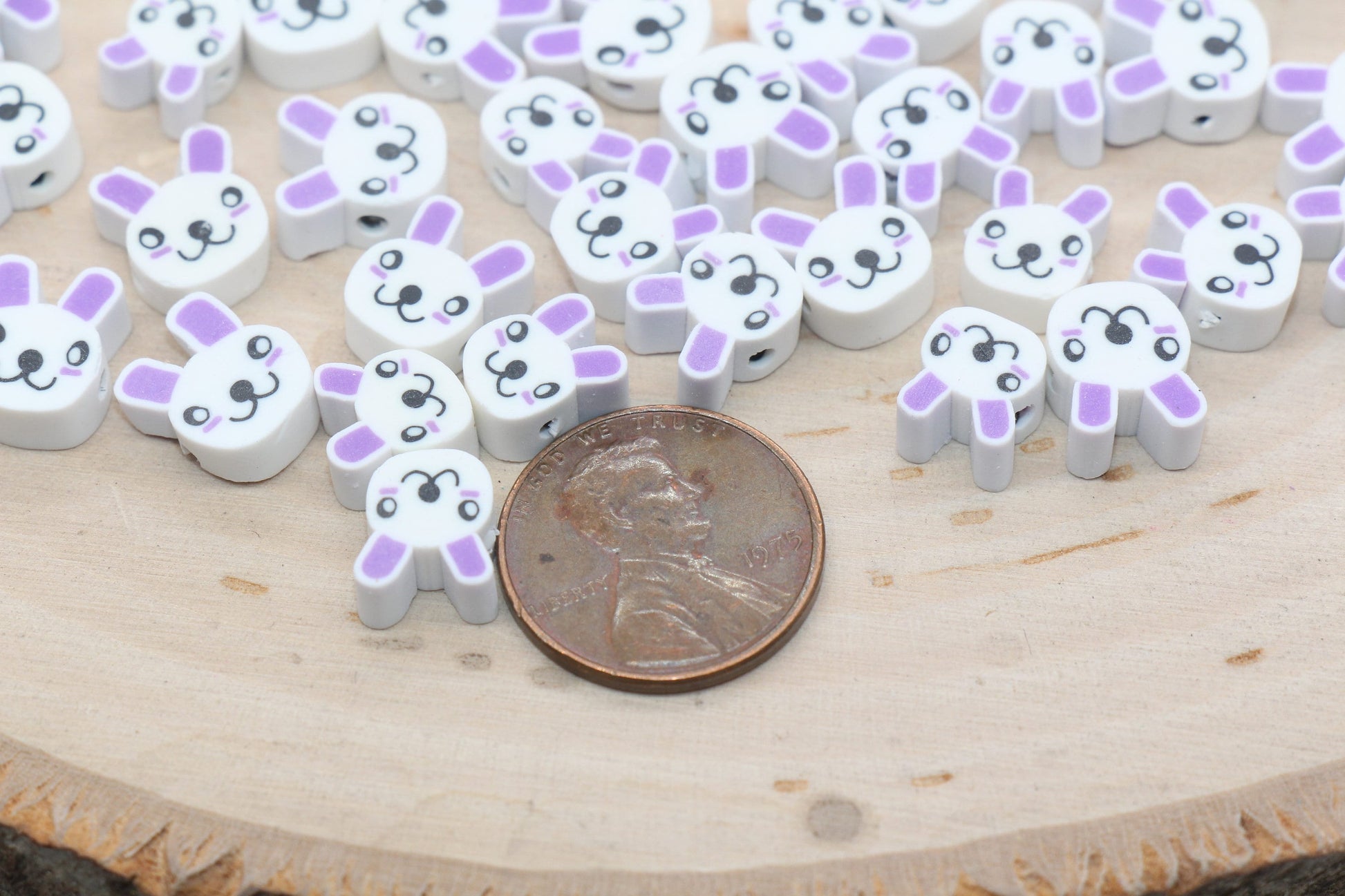 Bunny Polymer Clay Beads, Purple Ear Bunny Clay Beads, Bunny Clay Loose Beads, Easter Themed Bunny Beads, Jewelry Beading Supplies #104