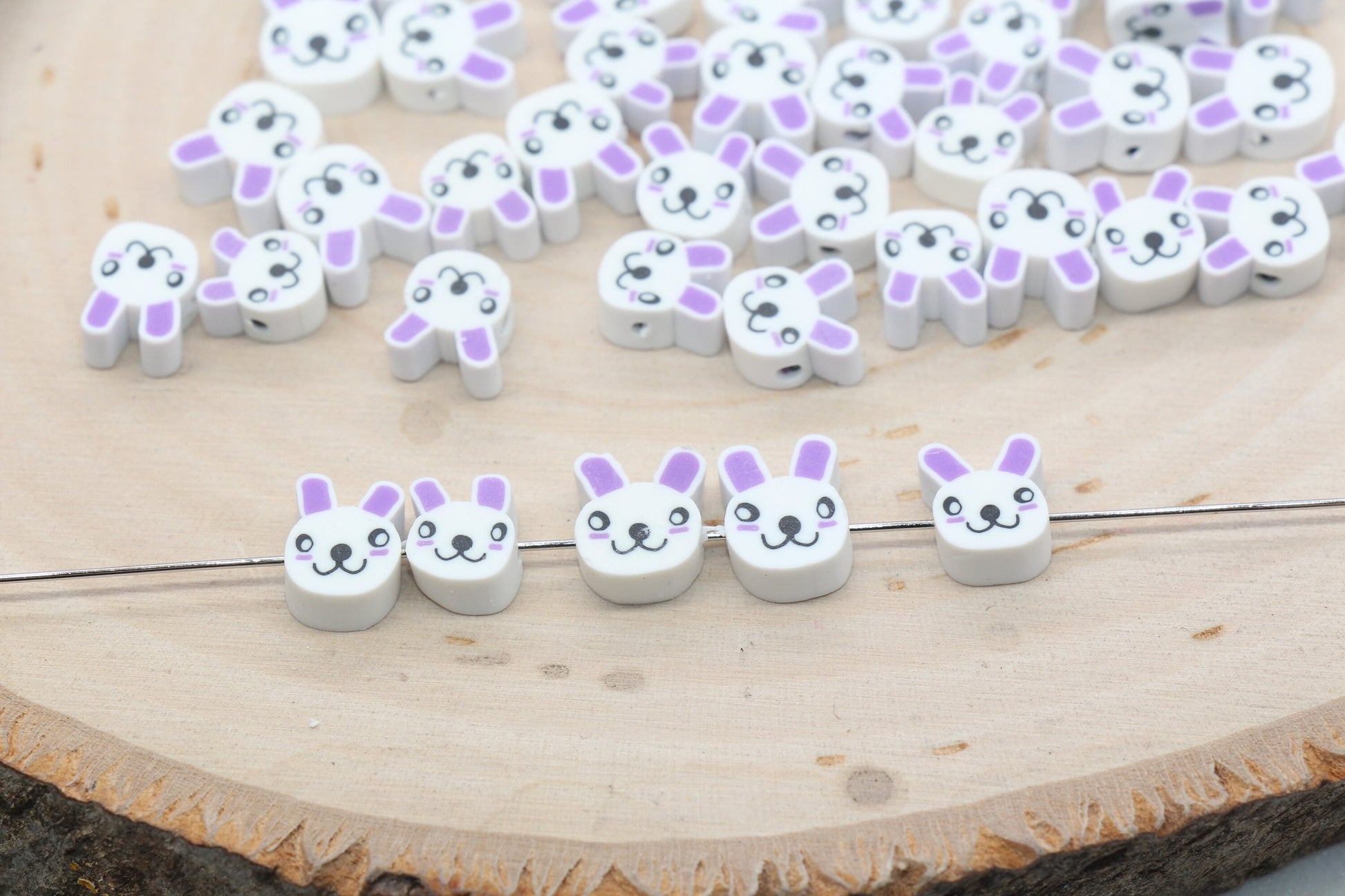 Bunny Polymer Clay Beads, Purple Ear Bunny Clay Beads, Bunny Clay Loose Beads, Easter Themed Bunny Beads, Jewelry Beading Supplies #104